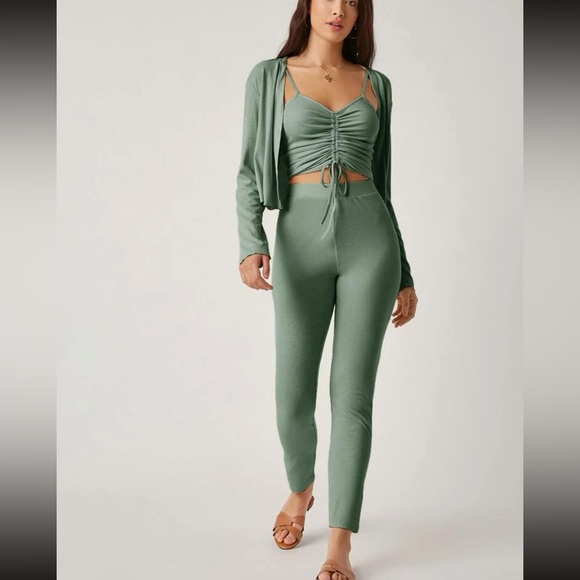 Drawstring knot ruched cami top & leggings set with cardigan - Picture 1 of 6